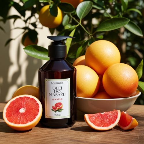 Naturalny olej do masażu Mydliszki z różowym grapefruit’em w brązowej butelce z pompką 250ml.